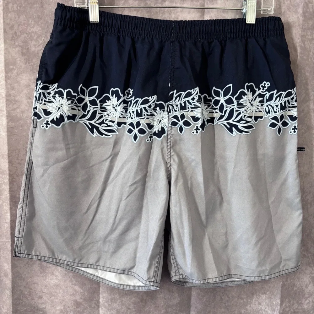 Newport Blue Mens‎ Board Shorts Navy Grey Floral Hibiscus Swim Trunks Medium